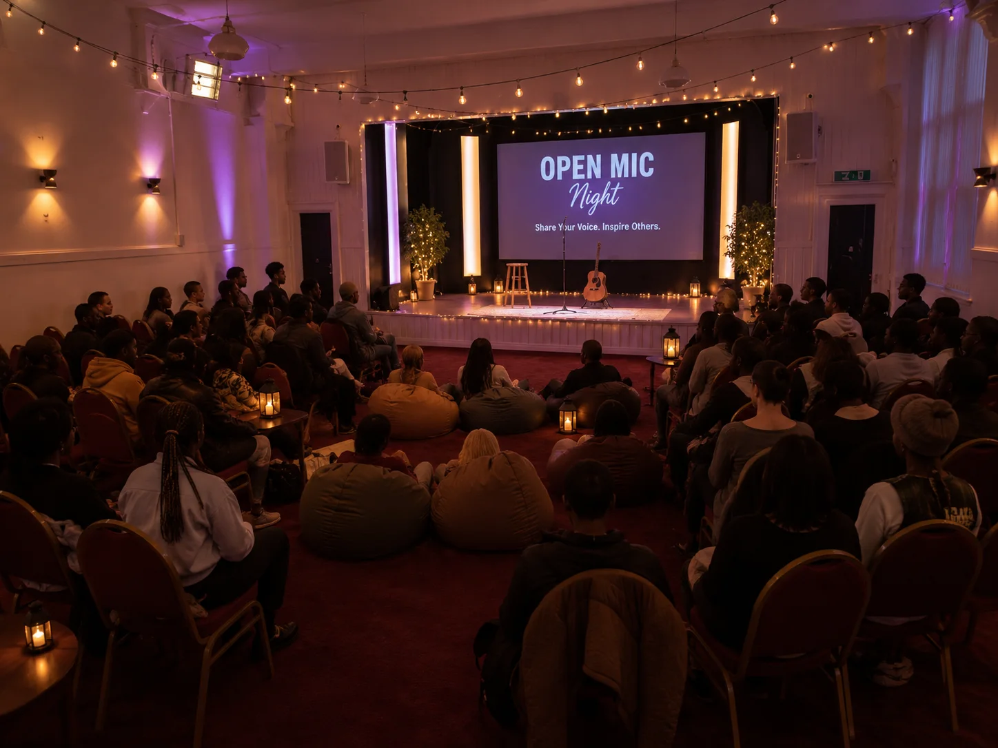 An audience gathered for Open Mic Night
